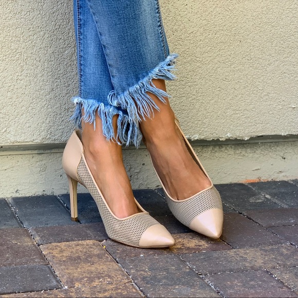 Tan Leather Perforated Mesh Stiletto Heel Pump - Picture 5 of 8